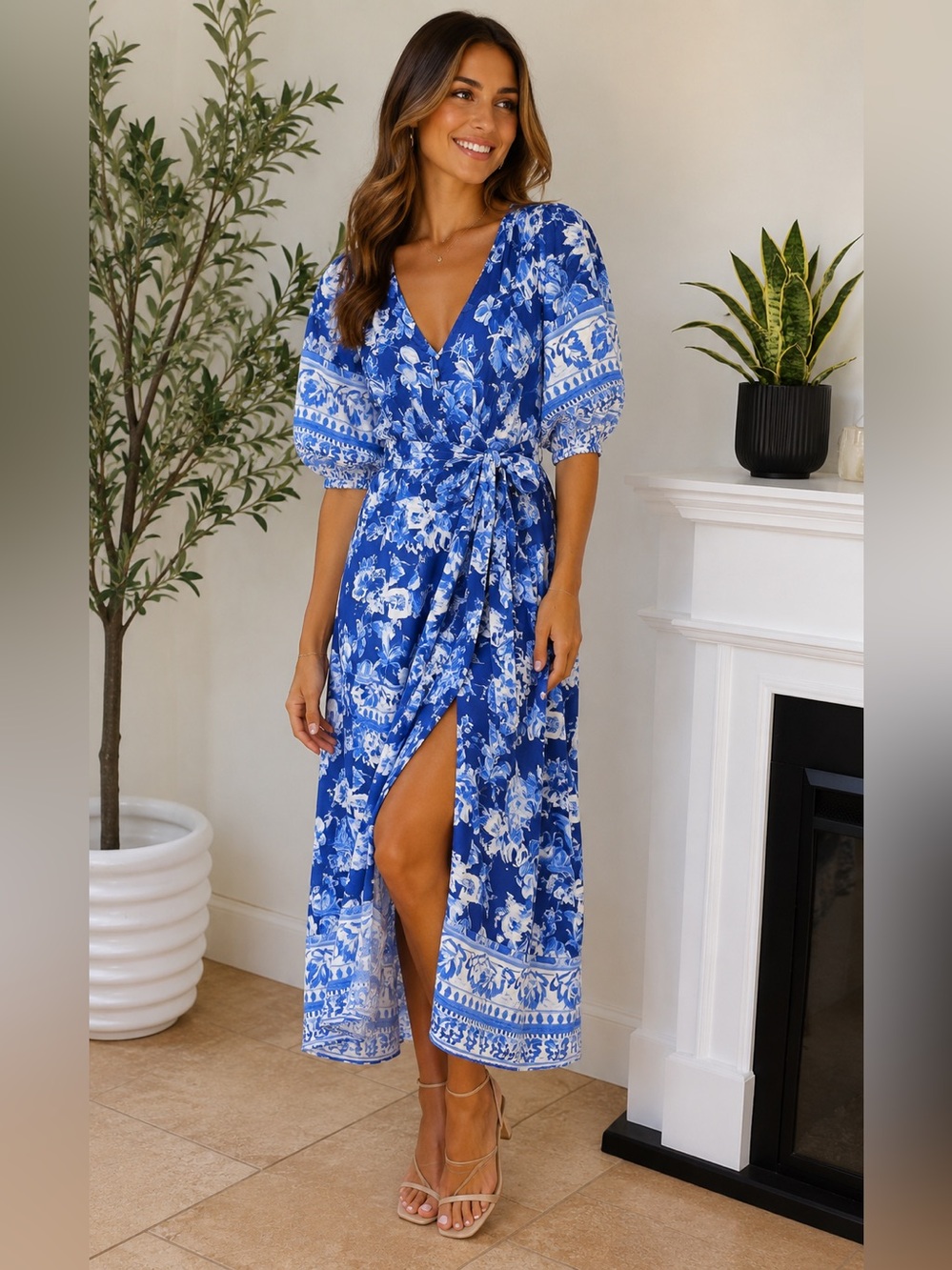 NWT LOFT Blue & White Floral Wrap Maxi Dress